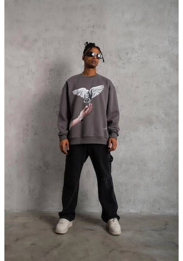 Güvercin Baskılı Sweatshirt - Gri