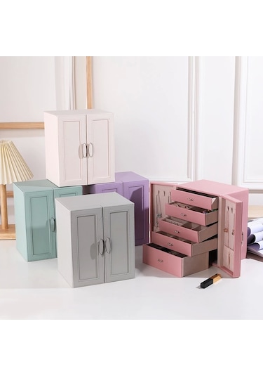 Dışı Deri İçi Kadife 5 Çekmeceli Takı Bijuteri Mücevher Kutusu Organizer Düzenleyici Yeşil İthal Ürü