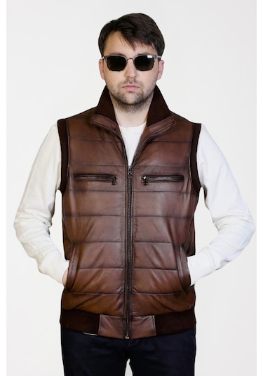 Derije Max Hakiki Deri Erkek Kahverengi Triko Detaylı Şişme Yelek