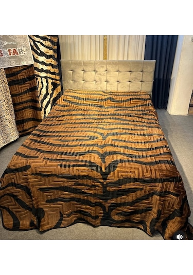 Aksu Safari Çift Kişilik Ultra Yumuşak Embos Vizon Battaniye Leopar Desen Kahve Krem