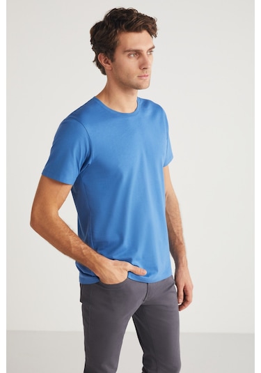 Mıchel Erkek Slim Fit Dar Kesim %100 Organik Pamuklu Yana Kayan Dikişli Basic Örme Mavi T-shirt