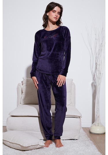 Lela Regular Fit Yumuşak Dokulu Kadife Bayan Pijama Takımı 6094200W4 Koyu Mor