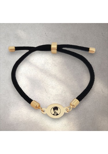 14 Ayar Altın Plakalı Oval Motifli İpek Örgülü Atatürk Sembollü Hediye Bileklik-320sembol-siyah Altın