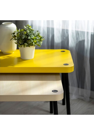 Sehpa Seti, Sarı-huş Görünüm, 2 Parça Zigon Sarı Meşe