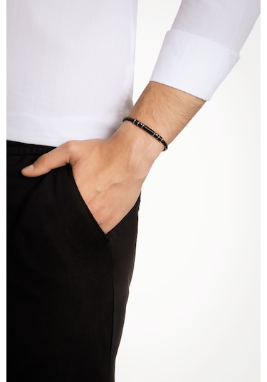 Örgü Detaylı Vegan Deri Erkek Çelik Bileklik Siyah