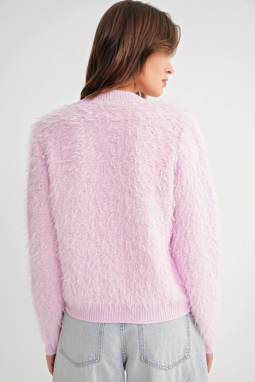 6897 Kadın Uzun Sakallı Bant Detaylı Triko Hırka Pembe Pembe