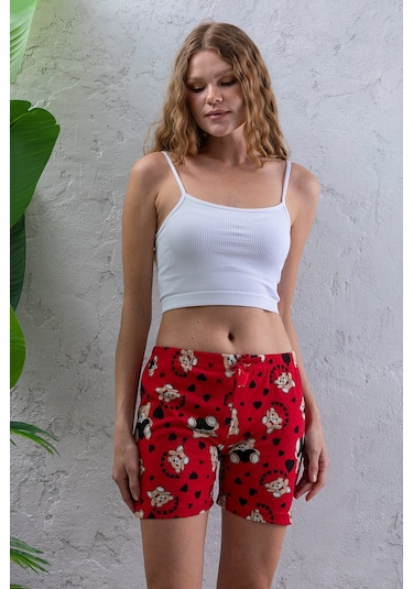 Giysa Kadın Beli Lastikli Desenli Şort Pijama Altı Kırmızı - 2027 Kırmızı