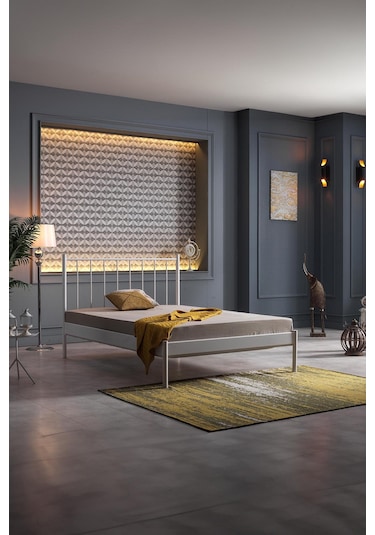 Falez-st Çift Kişilik Metal Karyola-beyaz Yüksek Başlıklı Ahşap Latalı