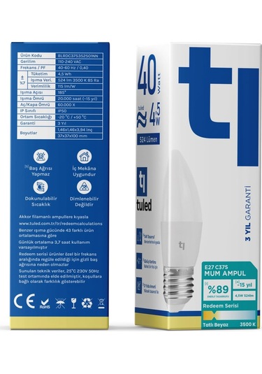 Redeem C37s E27 Mum Ampul, Titreşimsiz, Göz Konforu, 524 Lümen, Tatlı Beyaz, 3500 Kelvin