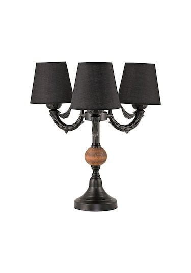 Üçlü Şamdan Masa Lambası Abajur Siyah Siyah Şapkalı Siyah