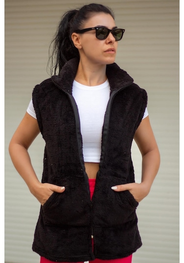 Kadın Siyah Peluş Welsoft Kalın Fermuarlı Hakim Yaka Yelek 23kylkmy10 001