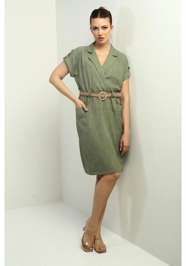 Kadın Torba Cepli Beli Kemerli Elbise-40529 Haki