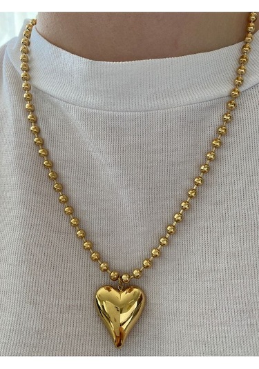 Kadın Sıralı Toplu İri Kalp Çelik Kararmaz Gold Kolye