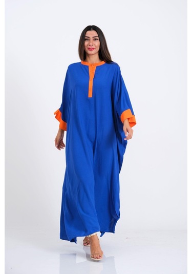 Kadın Saks Mavi Sırtı Palmiye Nakışlı Yarasa Kol Oversize Uzun Elbise - Saks Mavi Saks Mavisi