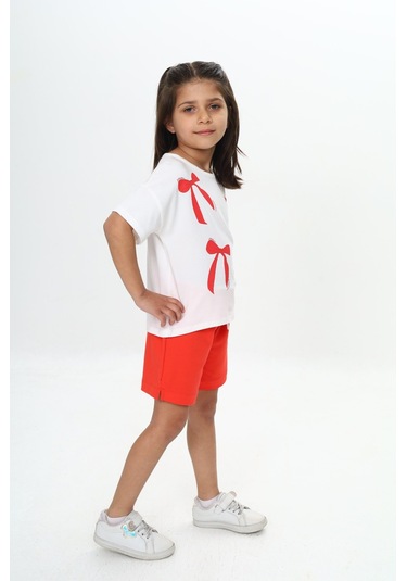 Toontoy Kız Çocuk Fiyonk Baskılı Şortlu Takım Nar Çiçeği