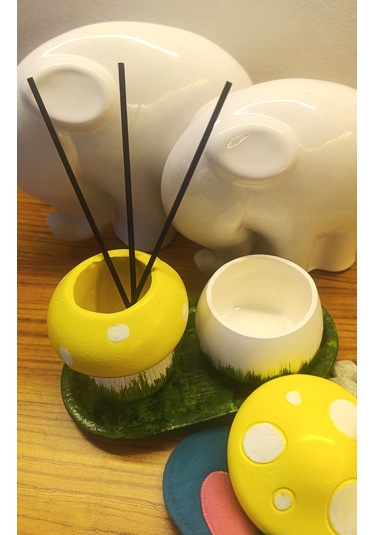 Artepieza El Yapımı Sarı Beyaz Mantar Figürlü Saksı Takımı Dekorasyon Seti 01