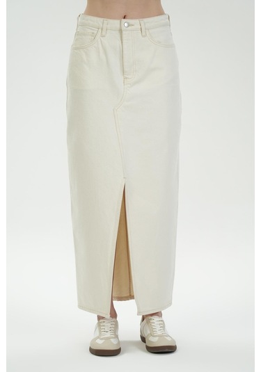 Ekru Yüksek Bel Yırtmaçlı Maxi Jean Etek C 4532-058 Ekru