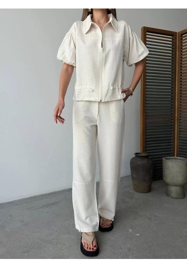 Keten Tam Fermuarlı Kısa Kollu Gömlek Pantolon İkili Takım - Beyaz Beyaz