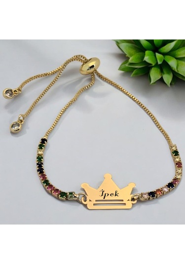 İpek İsmine Özel Taç Motifli 14 Ayar Altın Plakalı Renkli Taş Desenli Hediye Bileklik-489isim İpek