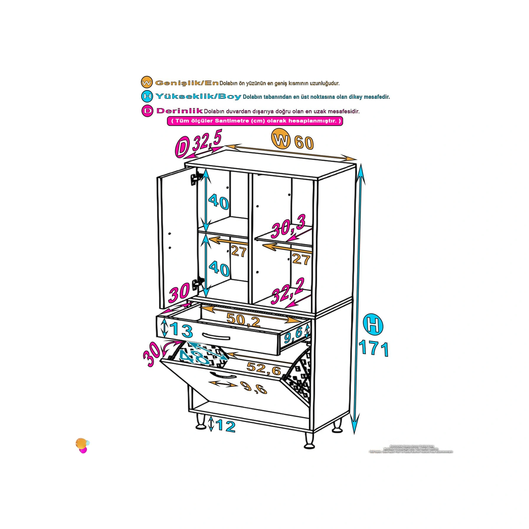 Yeni Kayra Tek Çekmece, 1 Göz Sepet, 2 Kapak, 4 Raf Dar Alan Banyo Dolabı 60x173x32,5 Cm Beyaz