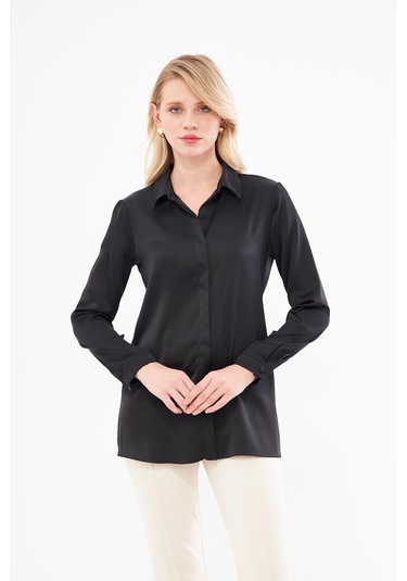 Klasik Saten Gömlek Siyah Siyah