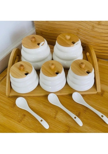 Qerhome Bambu Standlı Porselen 5'li Baharatlık Cmr ŞEffaf