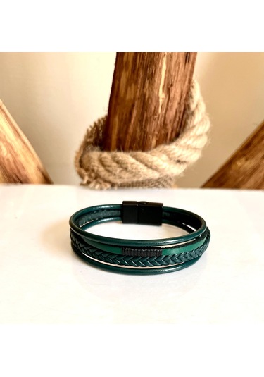 %100 Deri 4lü Kombin Yeşil Erkek Bileklik Boyut Net 20 Cm Yeşil