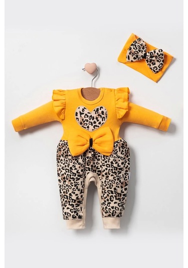 Leopar Desenli Fiyonklu % 100 Pamuk Kız Bebek Tulumuuu Sarı