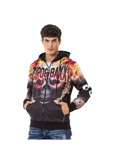 Cipo & Baxx Cl546 Kurukafa Ve Alev Baskılı Erkek Zip Sweatshirt 001