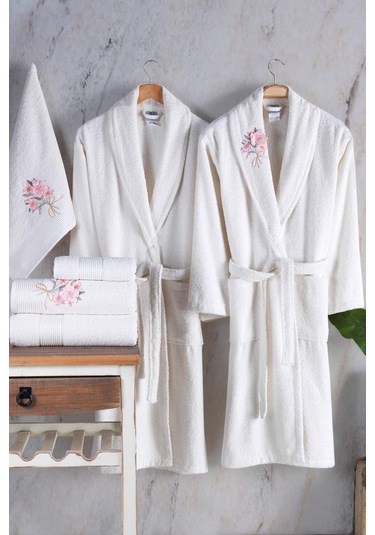 Newhome Mimoza2 6 Parça Kutulu %100 Pamuk Aile Bornoz Seti Krem/krem Karışık