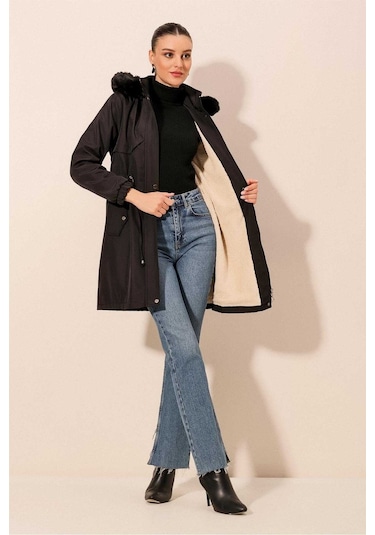 Gabria Kapüşonlu Kaban Siyah