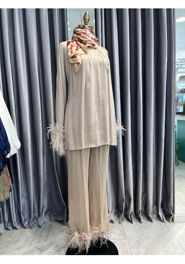 Lisa İpek Cupra Tüylü İkili Takım - Bej - 1 Bej