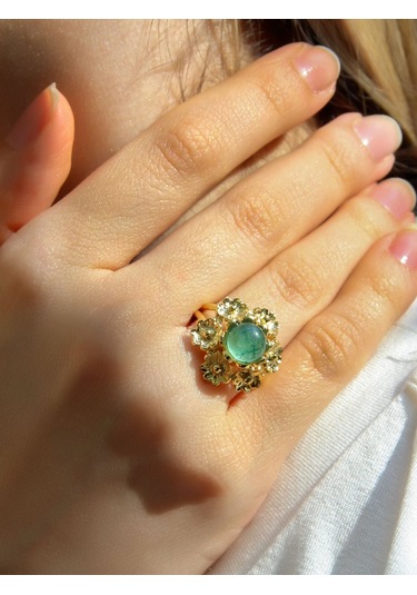 Esha Store Doğal Taş Yeşil Akik Doğal Taşlı Çiçek Model Telkari Kadın Ayarlanabilir Altın Kaplama Yüzük Euy61ya Yeşil