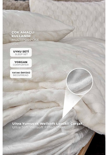 Kürk Yatak Örtüsü Yorgan Uyku Seti Tek Kişilik Çarşaflı Peluş Yumuşak Dolgulu Rody 3 Parça Krem