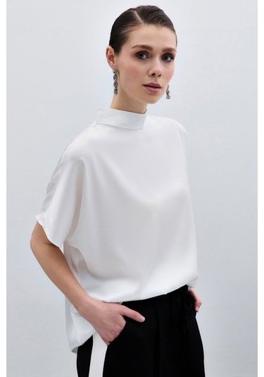 Sateen Yarasa Kol Salaş Bluz - Ekru-135940 Ekru