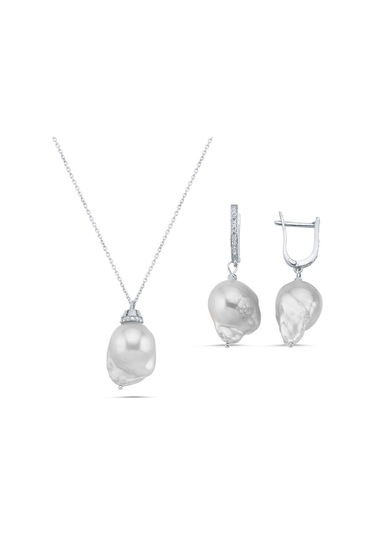 Barok İnci Kolye Küpe İkili Set 40 Cm / Beyaz Gümüş