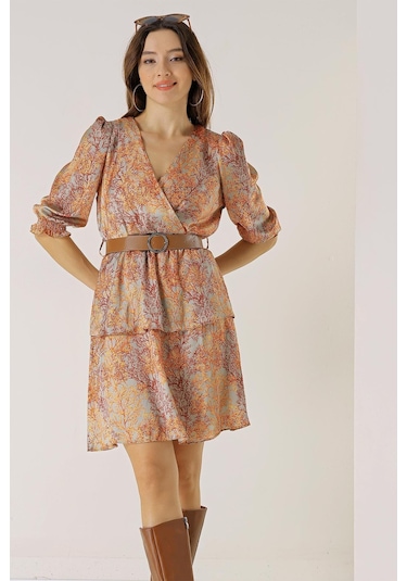 Kruvaze Yaka Astarlı Beli Kemerli Dal Desenli Katlı Saten Elbise-35374-oranj