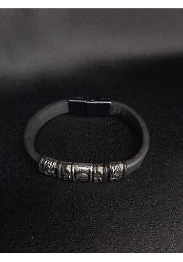 Unisex Suni Deri Metal Detaylı El Yapımı Bileklik Siyah