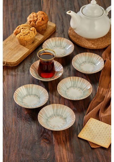 Cooker 6'lı Desenli Porselen Çay Tabağı Bej