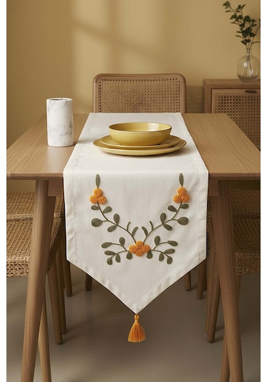 Sarı Çiçek Nakışlı Vintage Keten Runner 40x140 Cm Krem