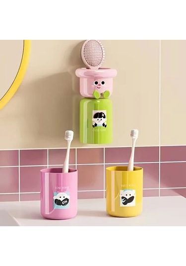 Elmpaly Yeşil Duş Düzenleyici Yapışkanlı Diş Fırçası Askısı Ağız Çalkalama Kabı Yeşil