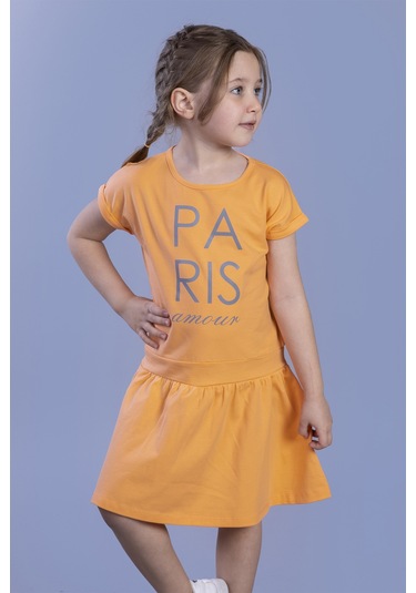 Toontoy Kız Çocuk Reflektör Baskılı Elbise Turuncu