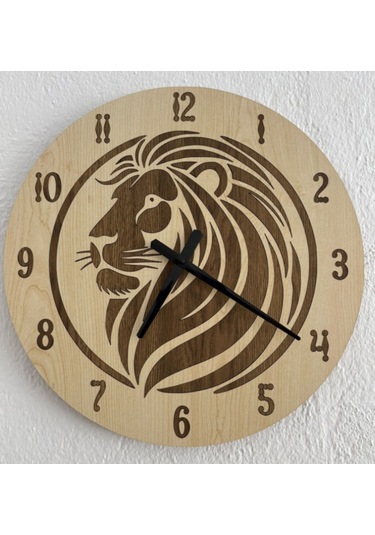 Safari Serisi - Aslan - Ahşap Duvar Saati - 40 Cm Ahşap