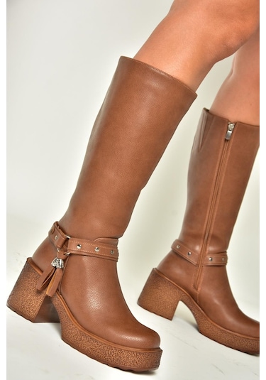 Fox Shoes T996224009 Taba Kalın Topuklu Kadın Çizme Taba