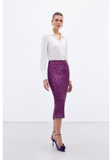 Sateen Payet Detaylı Kalem Etek - Mürdüm-136656 Mürdüm
