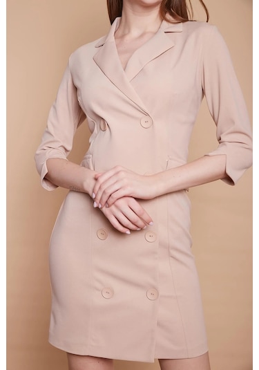 Yakalı Sırt Dekolteli Anvelop Likralı Kumaş Düğmeli Ceket Elbise -bej Bej