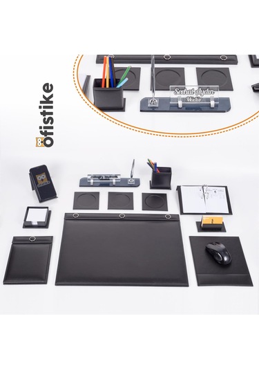 Siyah 10 Parça Düğmeli Sümen Takımı –  Kalemli Kristal Masa İsimlik