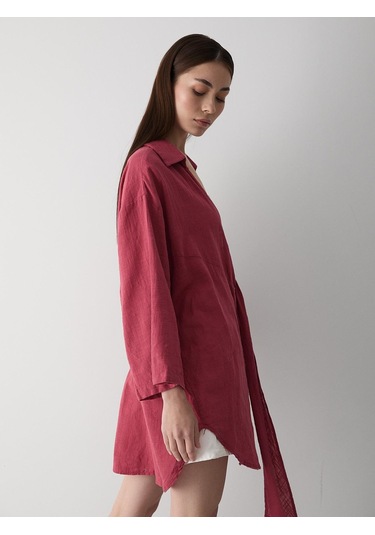 Bordo Flam Keten Kimono Gömlek Bordo