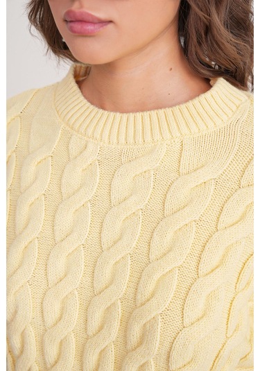 6973 Kadın Saç Örgülü Regular Basic Triko Kazak Pastel Sarısı Pastel Sarısı