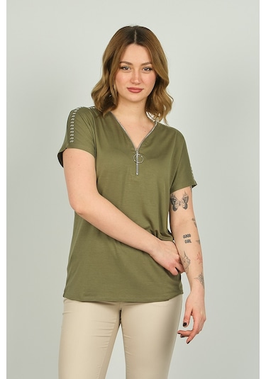 Ella Camelia Kadın Fermuarlı Kısa Kol Bluz 20e038 Haki